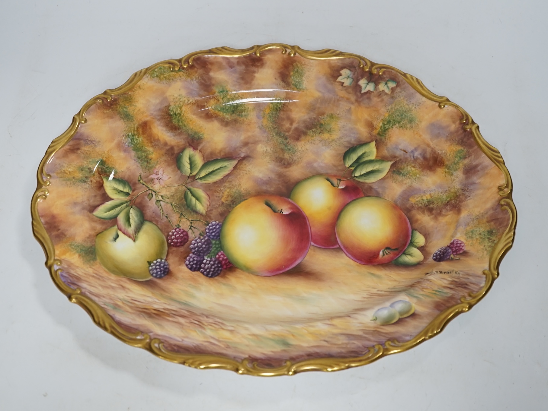 A Fenton porcelain cabinet tray painted by David R. Bowkett, 38cm wide. Condition - fair to good, some cleaning required